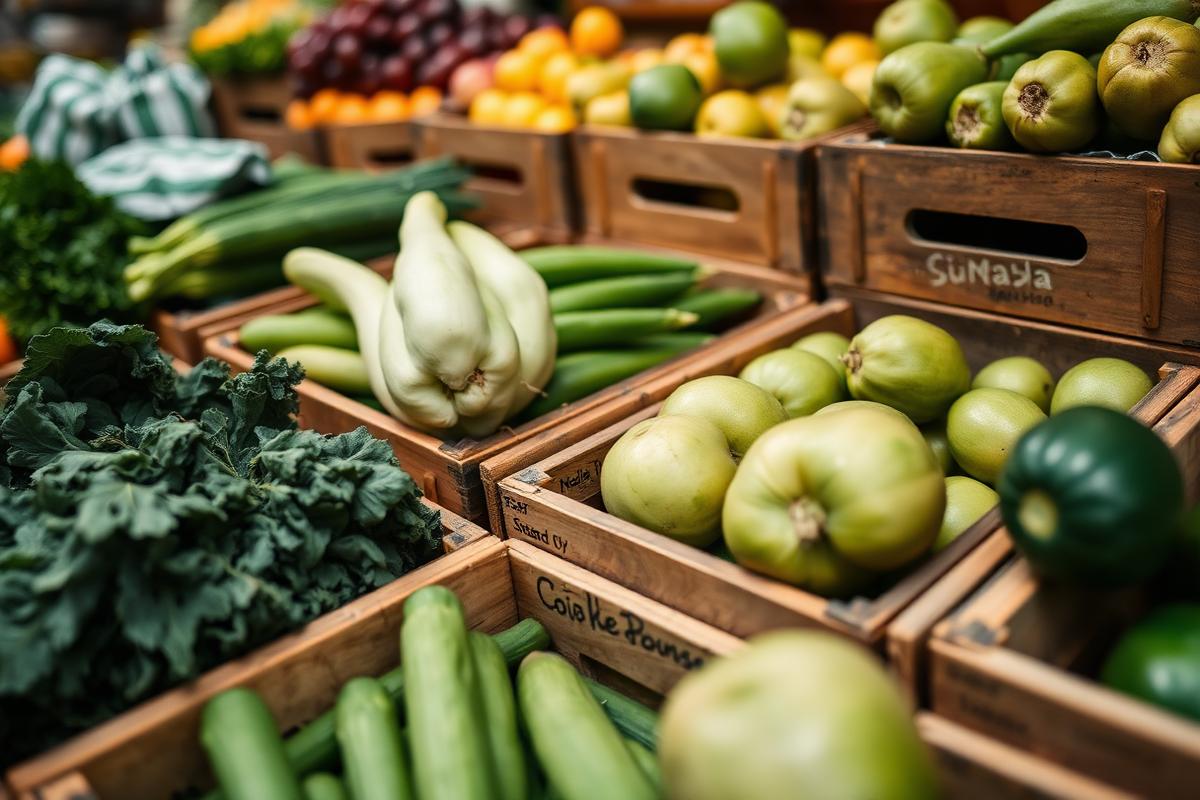 Caixas de madeira com frutas, verduras e legumes